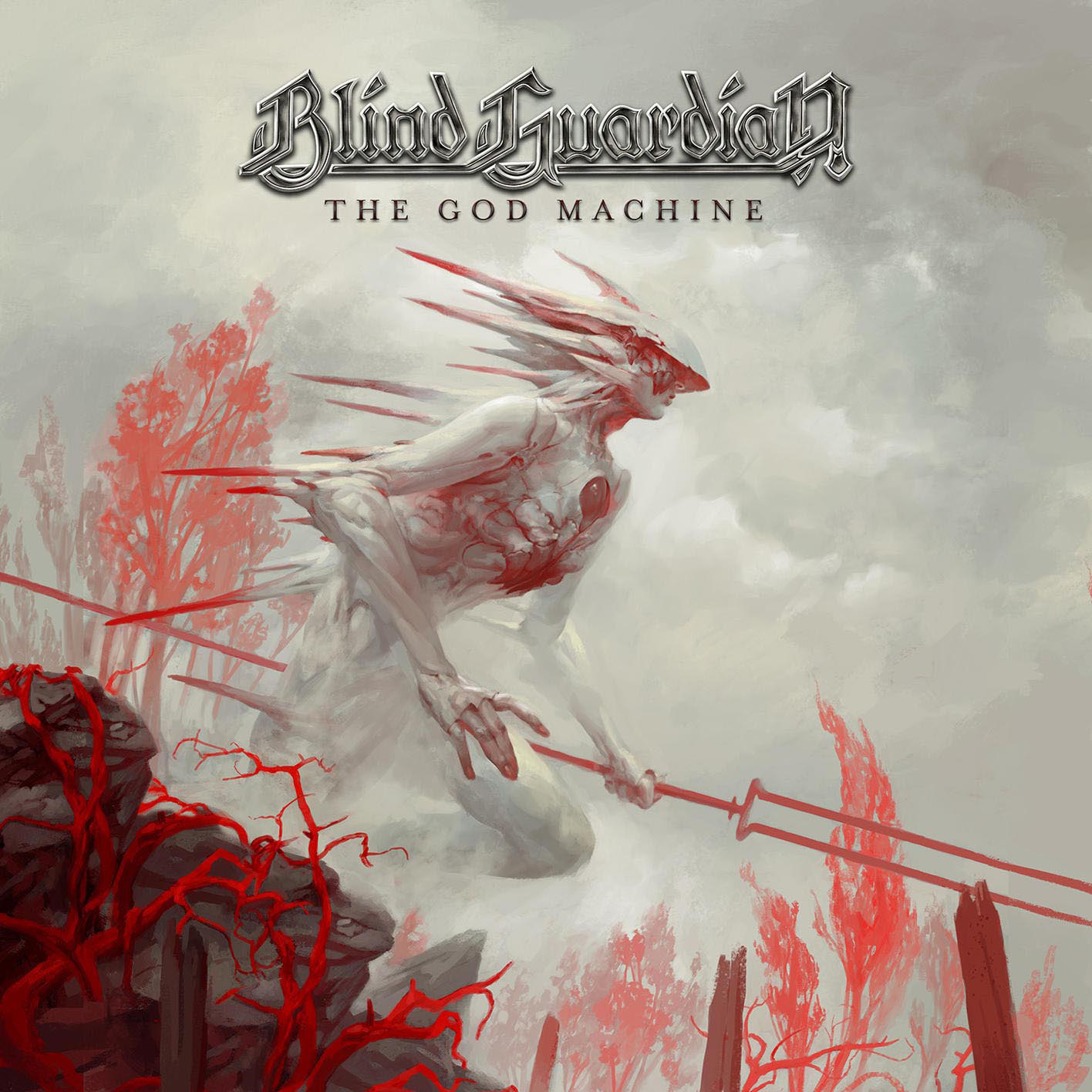 Albumcover. Eine weiße, skelettartige Figur kniet mit einem roten Schwert. Rote Bäume und ein bewölkter Himmel im Hintergrund.