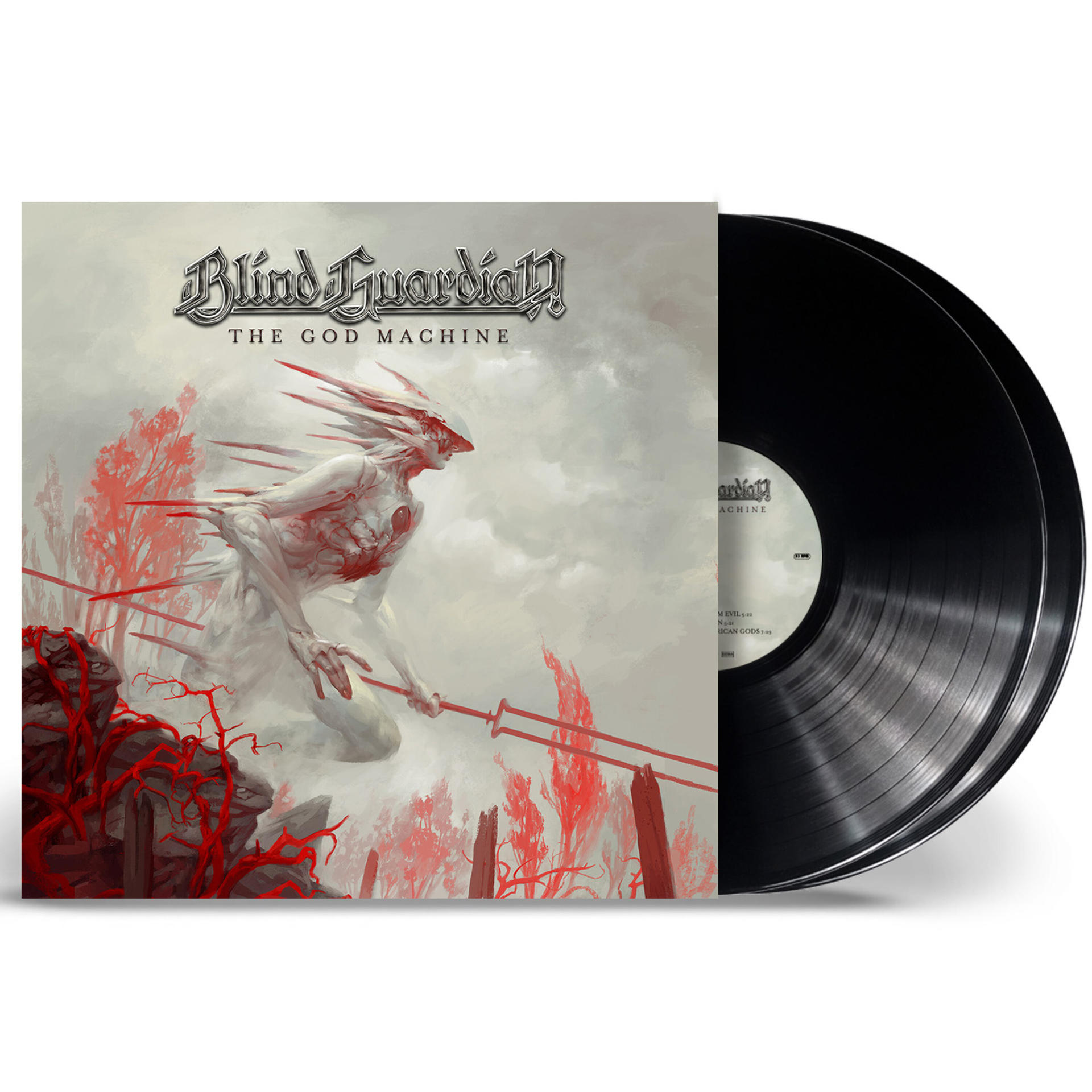 Albumcover für Blind Guardians 'The God Machine' mit Fantasy-Kunst und zwei schwarzen Vinylplatten.