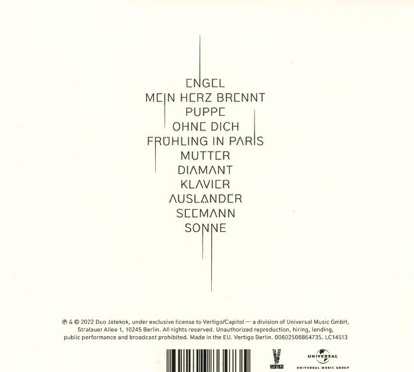 Albumcover mit Text. Songtitel und andere Informationen sind auf weißem Hintergrund gedruckt.
