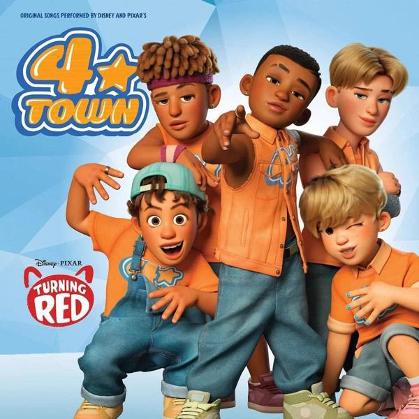Albumcover der Musikgruppe 4*Town aus Disneys/Pixars Turning Red, mit fünf Jungen.