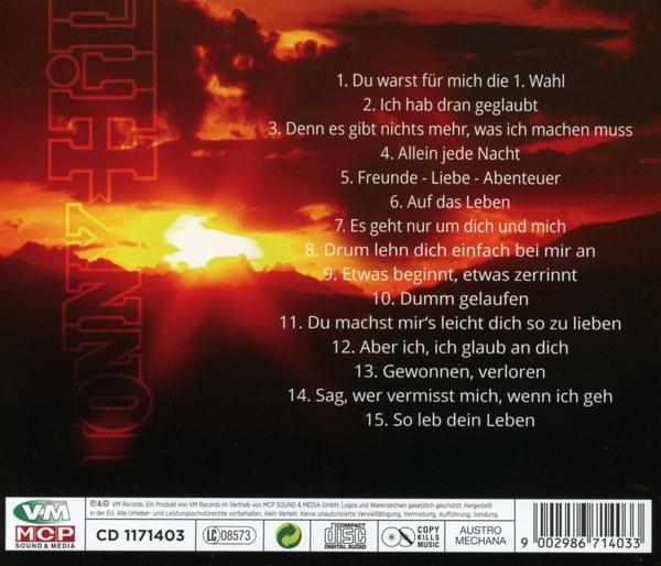 CD-Rückseite mit Songtiteln und Sonnenuntergang im Hintergrund. VM Records und andere Logos sind sichtbar.