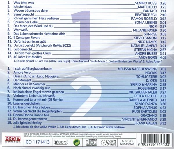 CD-Cover mit Titellisten. Zahlen und Text auf lila Hintergrund. Verschiedene Künstler sind aufgeführt.