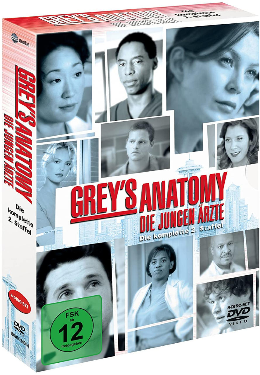 DVD-Boxset von Grey's Anatomy. Mehrere Schauspieler auf dem Cover. Text auf Deutsch.