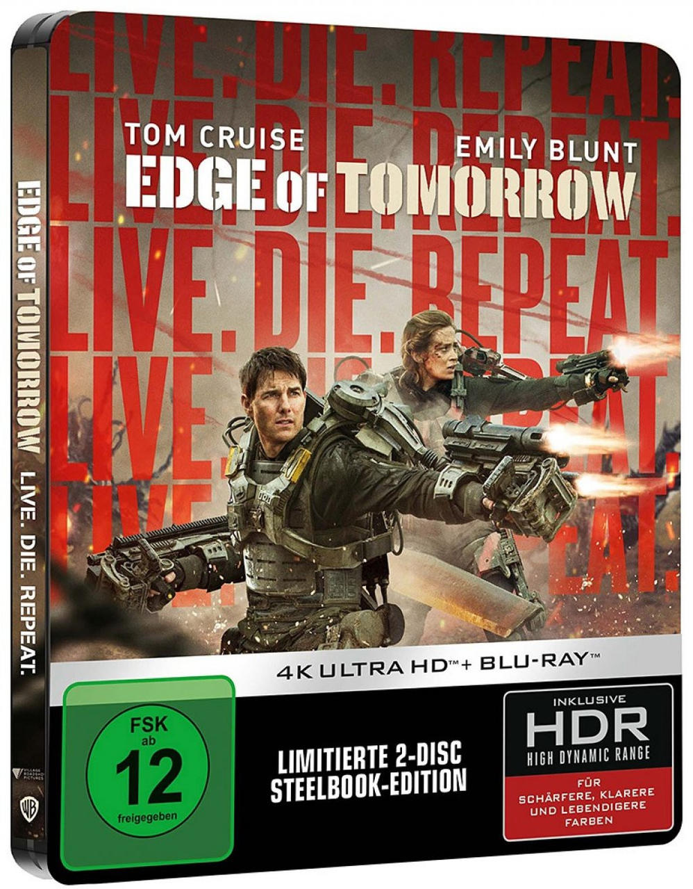 Edge of Tomorrow Blu-ray Steelbook mit Tom Cruise und Emily Blunt in Rüstung.