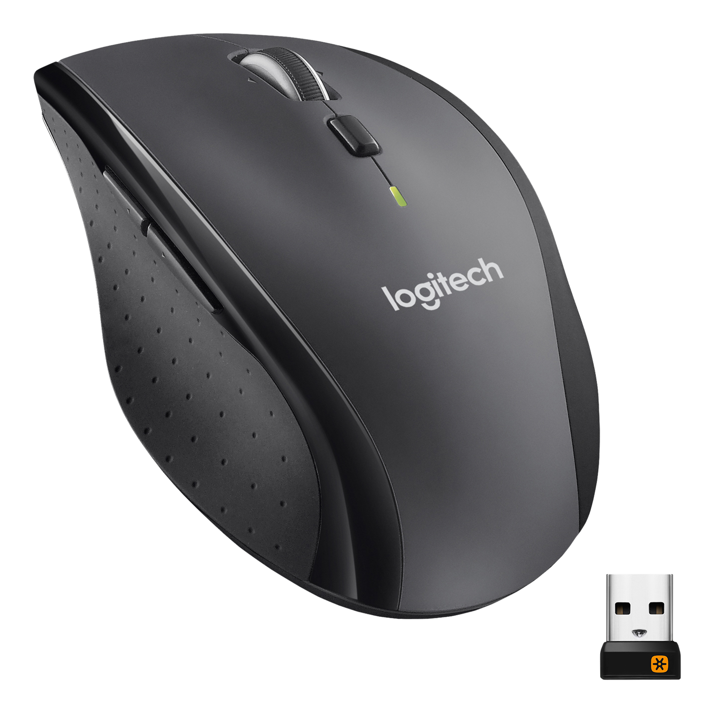 Souris Logitech noire avec récepteur USB. Elle a une molette et des poignées latérales.