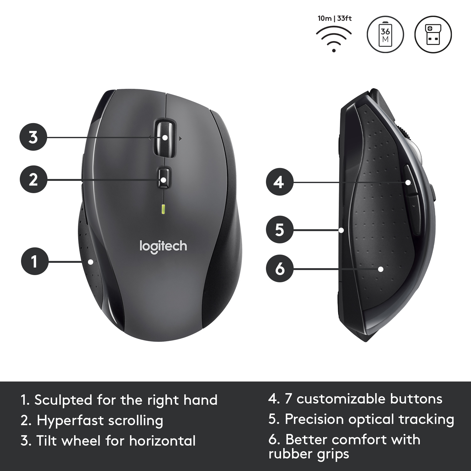 Une souris Logitech noire avec des boutons étiquetés est affichée.