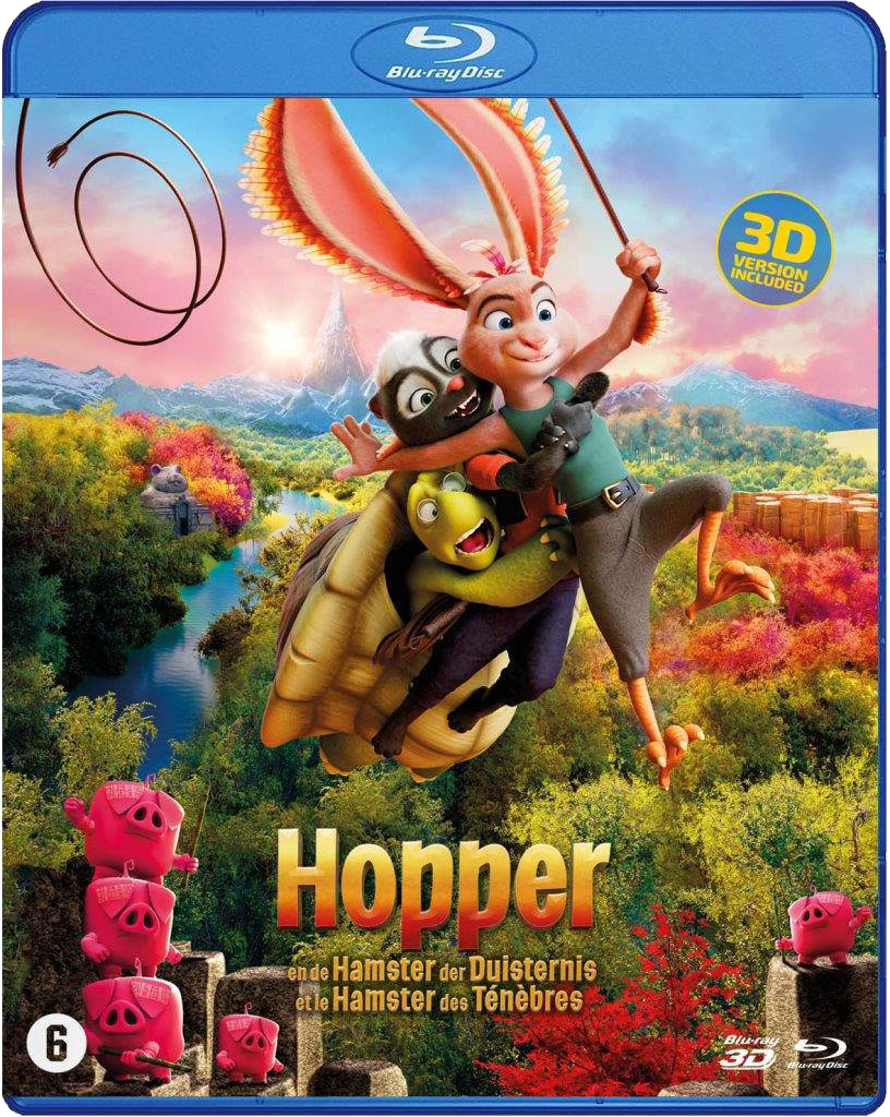 Animatiefilmposter met een konijn, stinkdier en schildpad die vliegen. Andere karakters en tekst.