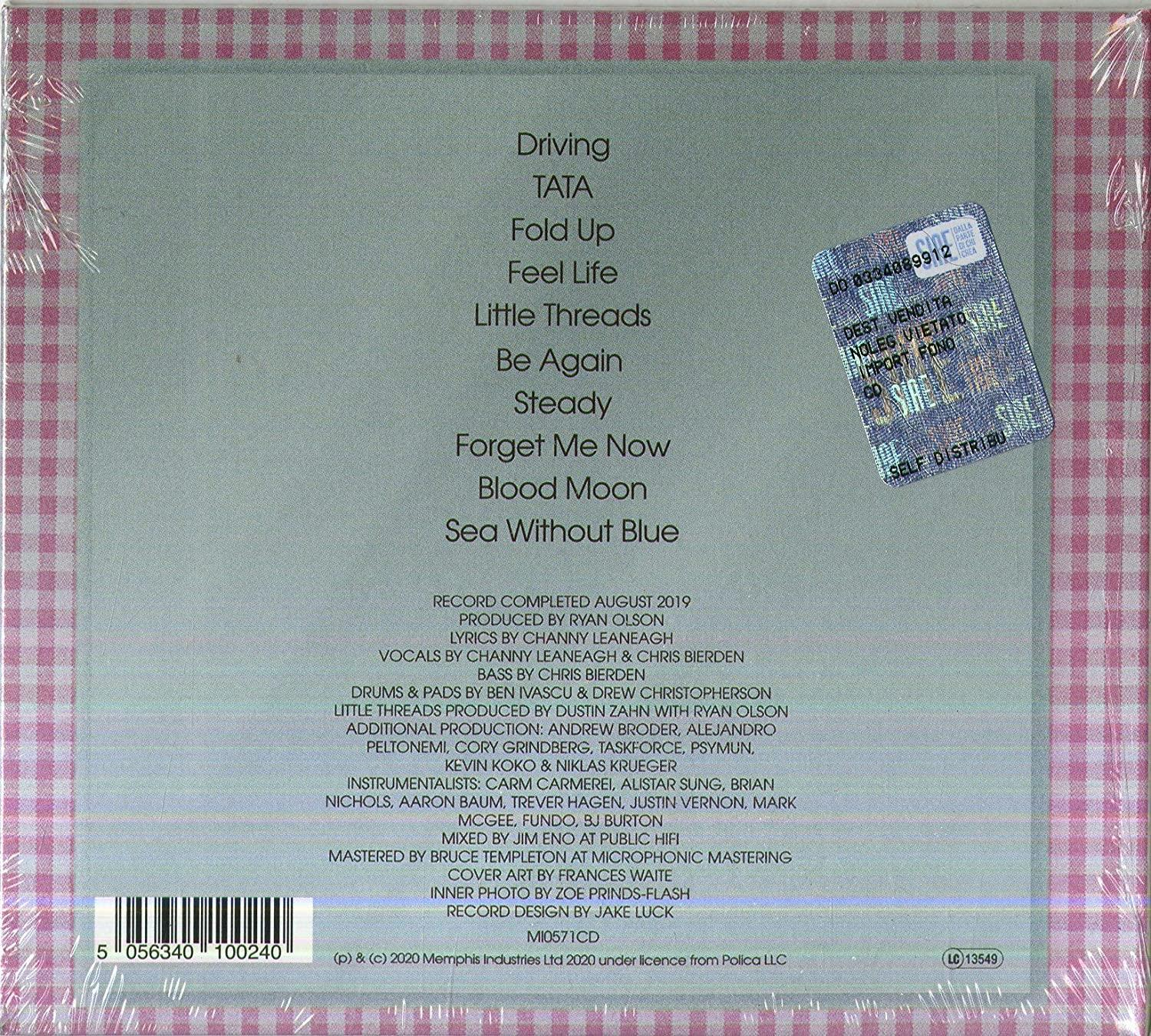 Rückseite einer CD-Hülle mit Songtiteln und Credits. Rosa karierter Hintergrund, weißer Text. Musik.