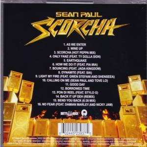 CD-Cover für Sean Pauls Album 'Scorcha' mit Titelliste und goldenen Lautsprechern.