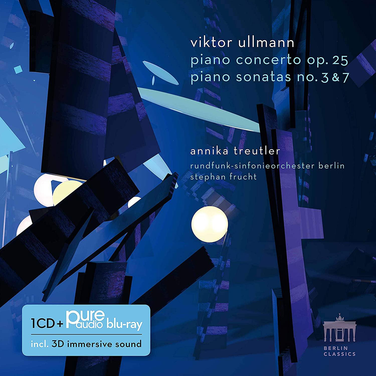 CD-Cover mit geometrischen Formen in Blau und Schwarz. Text: Viktor Ullmann, Klavierkonzert, Klaviersonaten.