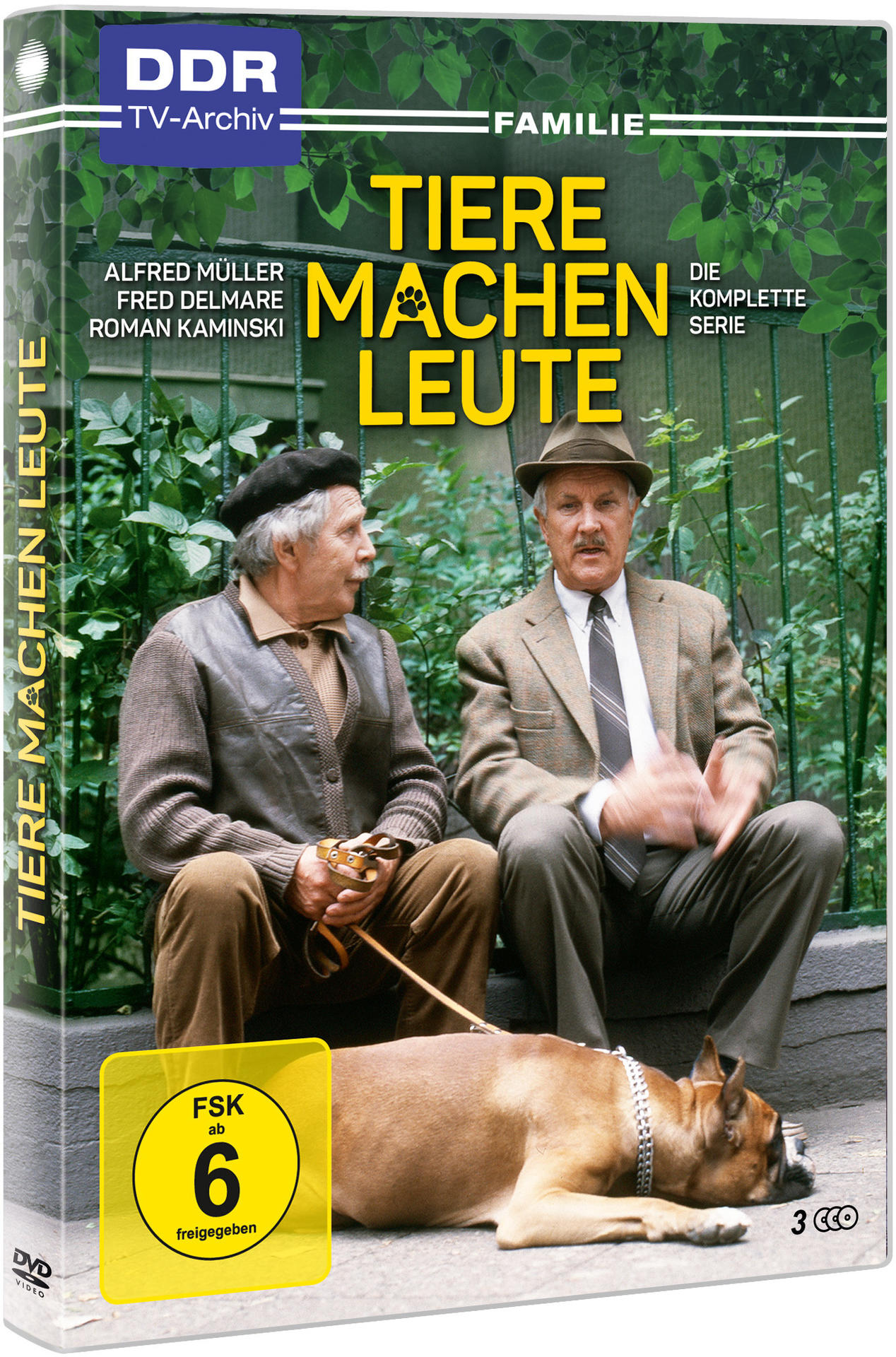 DVD-Hülle: Zwei Männer sitzen, ein Hund davor. Text: Tiere Machen Leute.