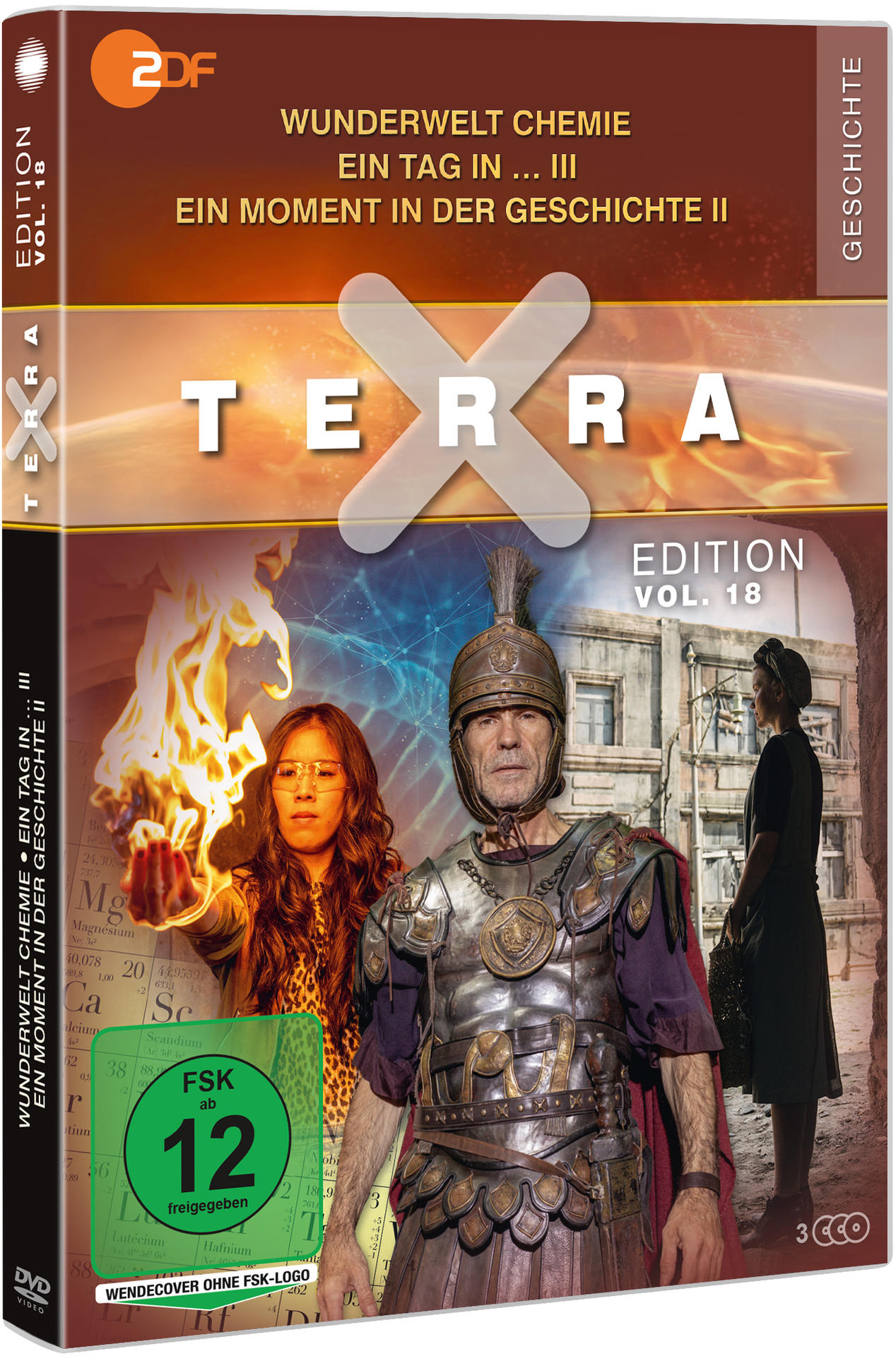 DVD-Hülle mit Schauspielern, Feuer und einem römischen Soldaten. Titel: Terra, Wunderwelt Chemie, Ein Tag in der Geschichte II.