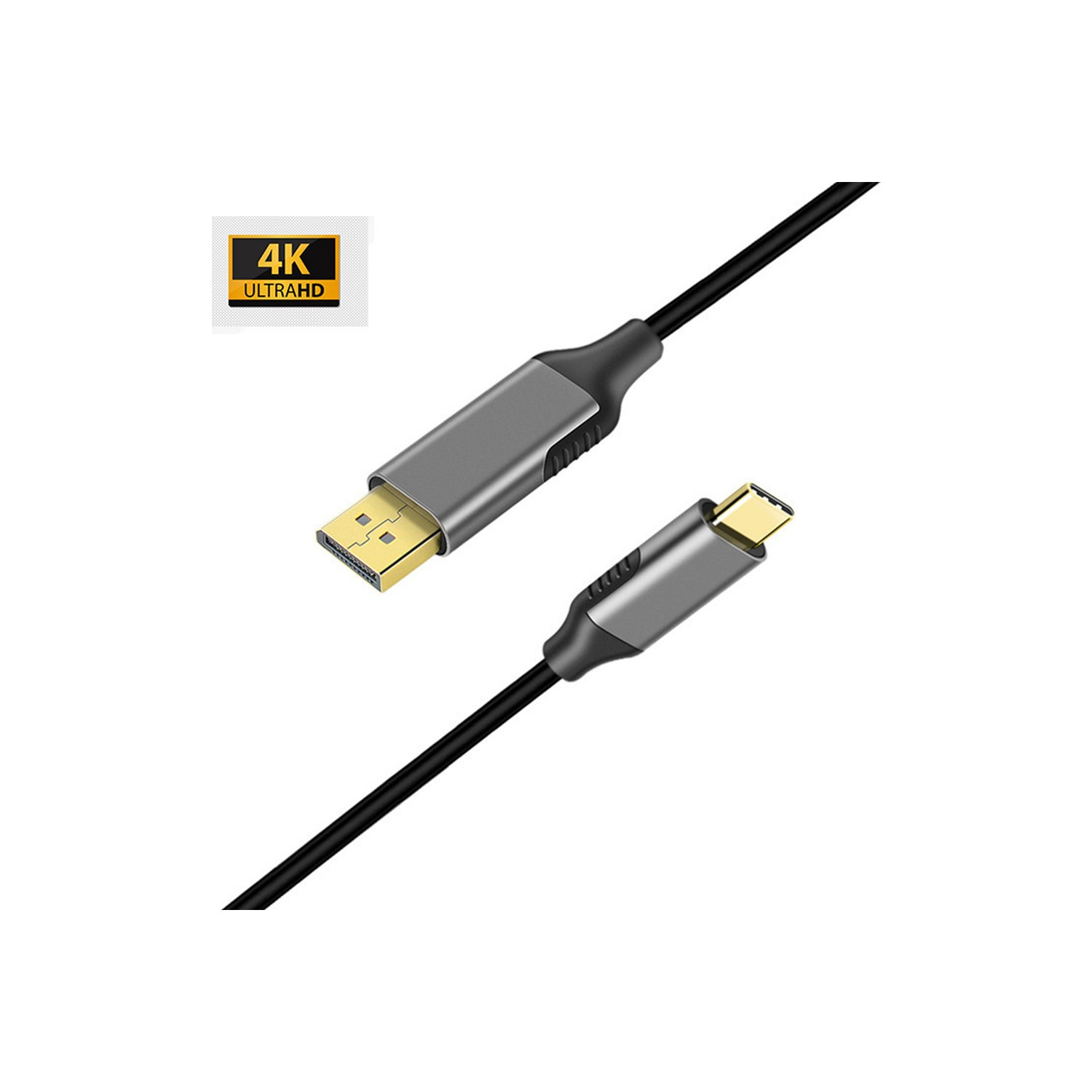 4K Ultra HD etiketli siyah ve gri USB-C - USB kablosu, beyaz zemin üzerinde açılı.
