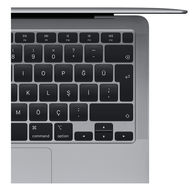 Dizüstü bilgisayar klavyesinin yakın çekimi. Siyah tuşlar, gümüş çerçeve. Üst kısım hafif açık.