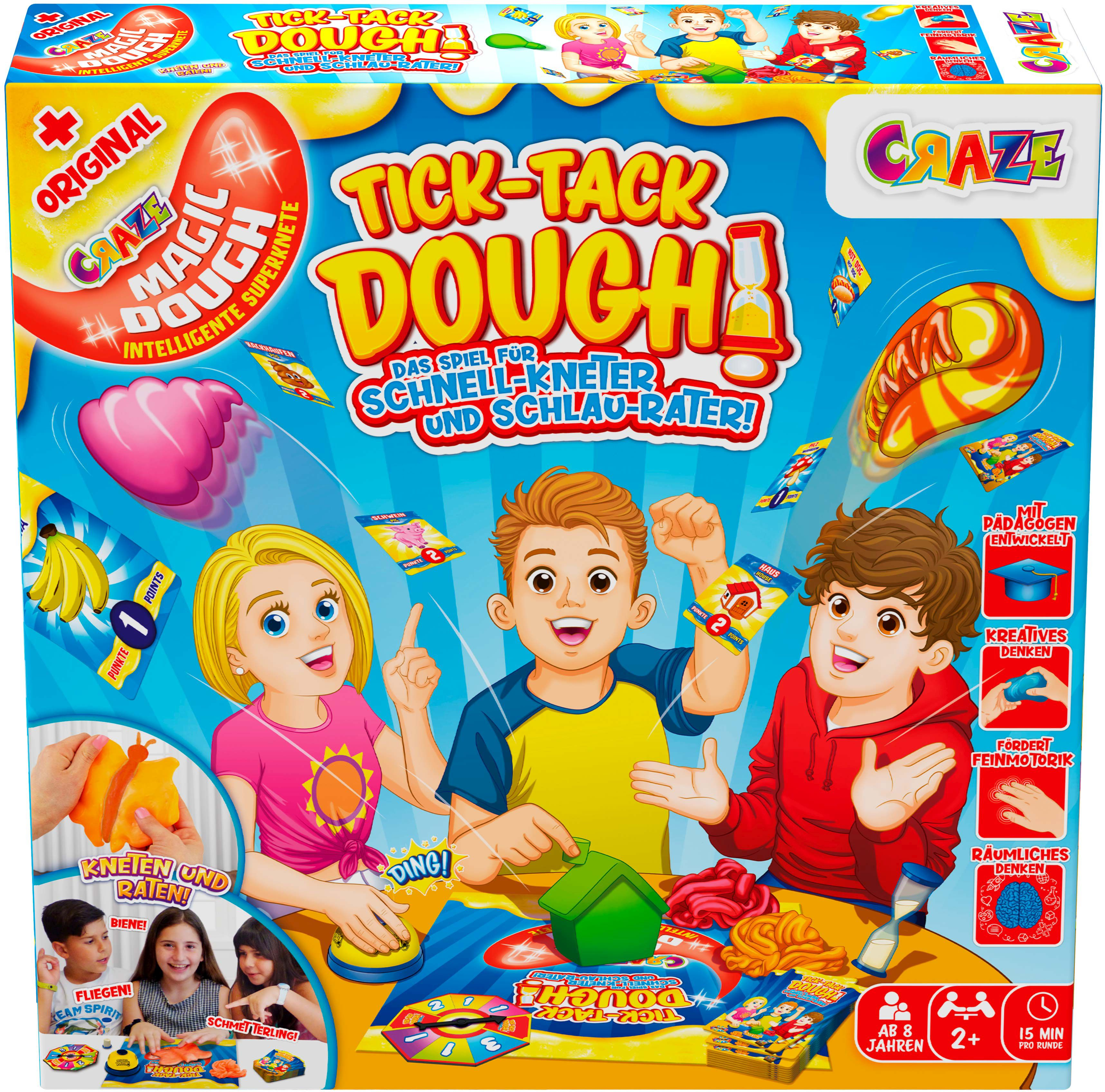 Schachtel des Brettspiels Tick-Tack Dough, mit drei Kindern.