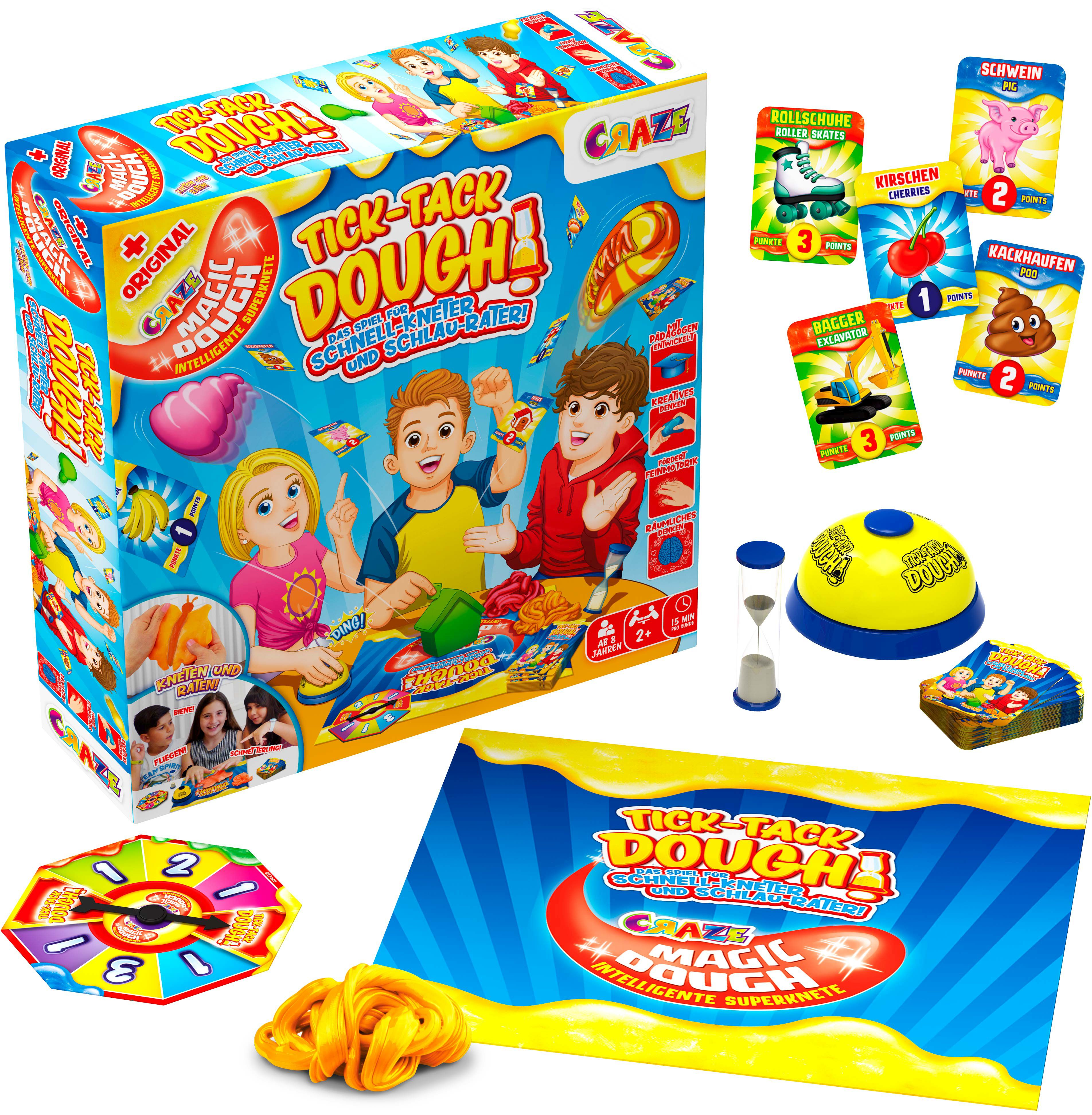 Ein Brettspielkarton und verschiedene Komponenten. Auf der Schachtel steht 'Tick-Tack Dough'. Karten, Spinner und Teig.