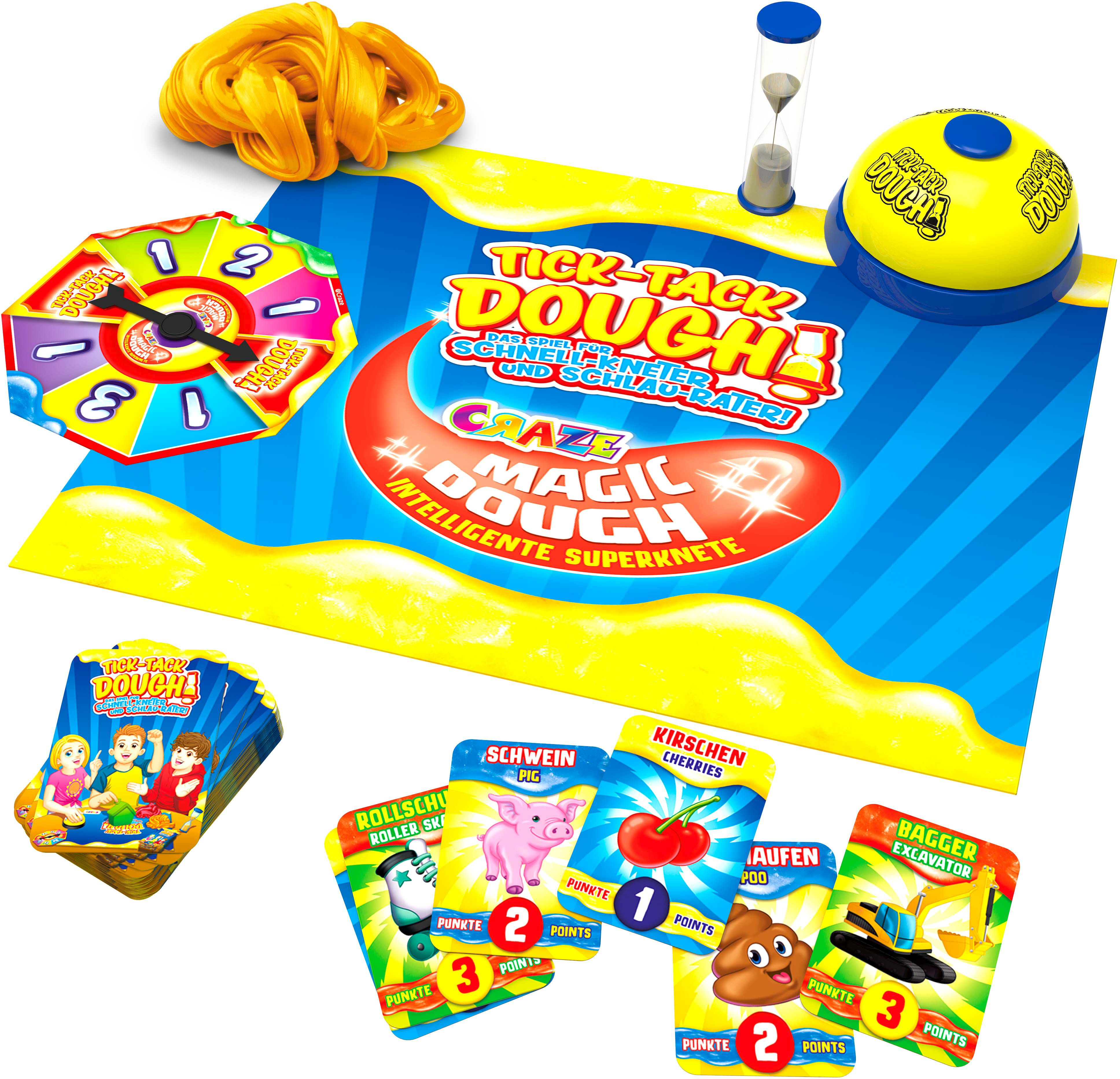 Tick Tack Dough Brettspiel mit Karten, Knete, Timer und Klingel.
