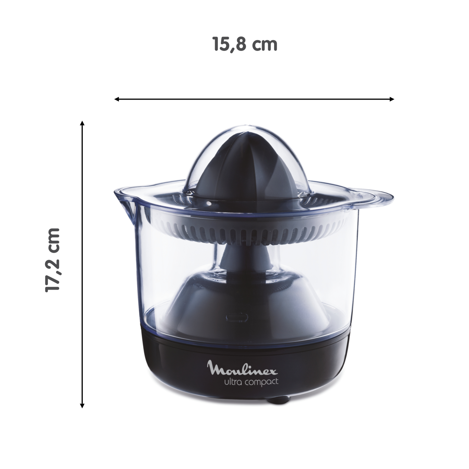 Exprimidor de cítricos, plástico negro y transparente. Dimensiones: 17,2 cm altura, 15,8 cm ancho.