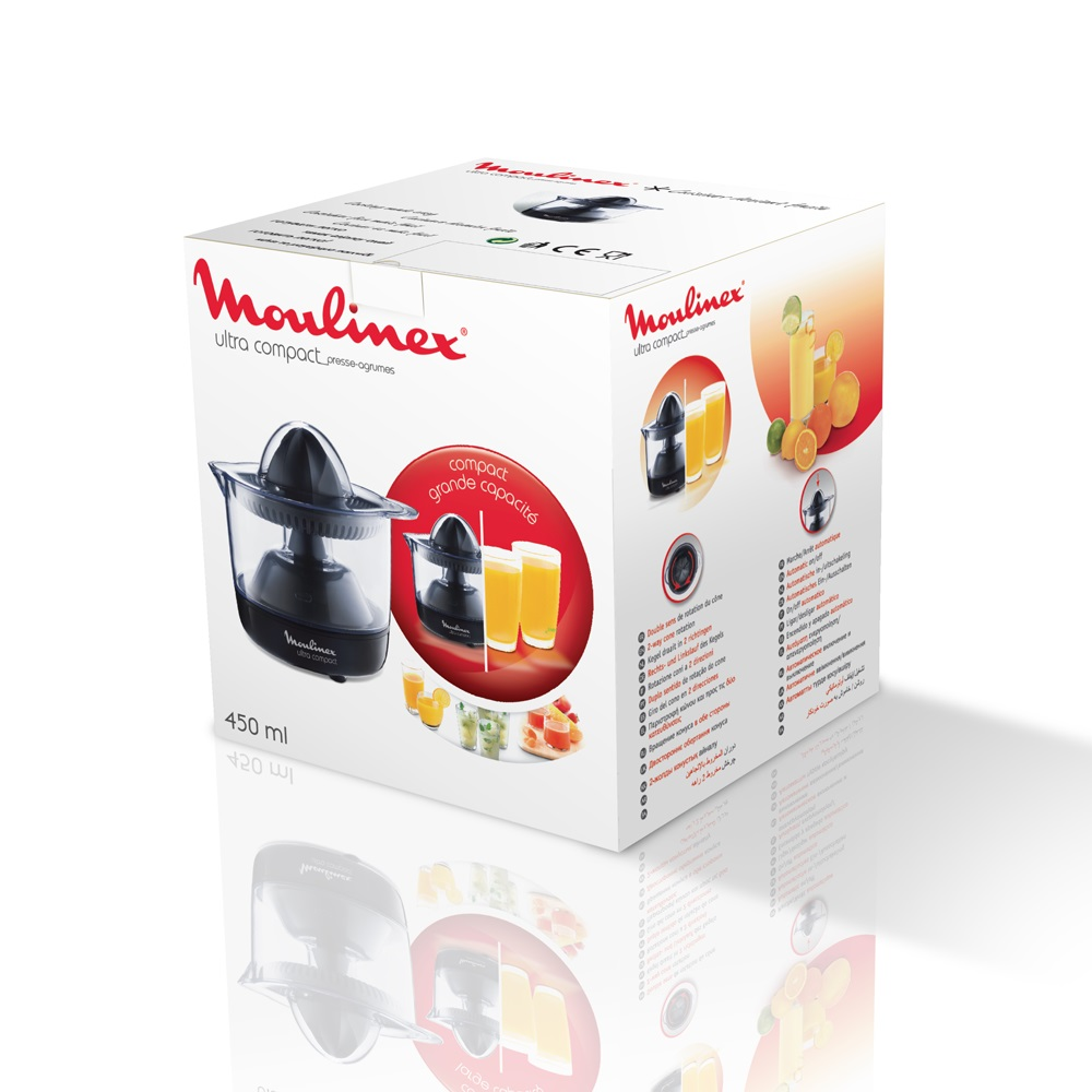 Caja de una exprimidora Moulinex, con imágenes del producto y detalles en el lateral y frontal.