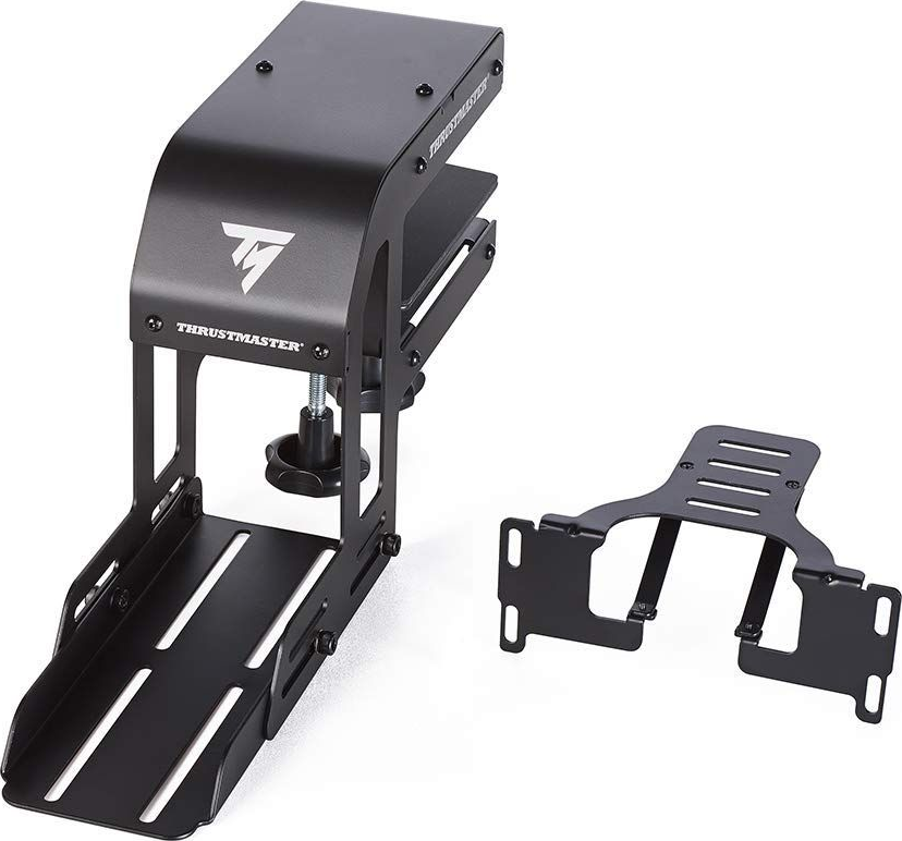 Morsetto da scrivania e staffa di montaggio Thrustmaster nera su sfondo bianco.