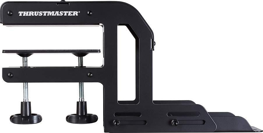 Morsetto da scrivania Thrustmaster nero con due pomelli a vite e struttura in metallo.