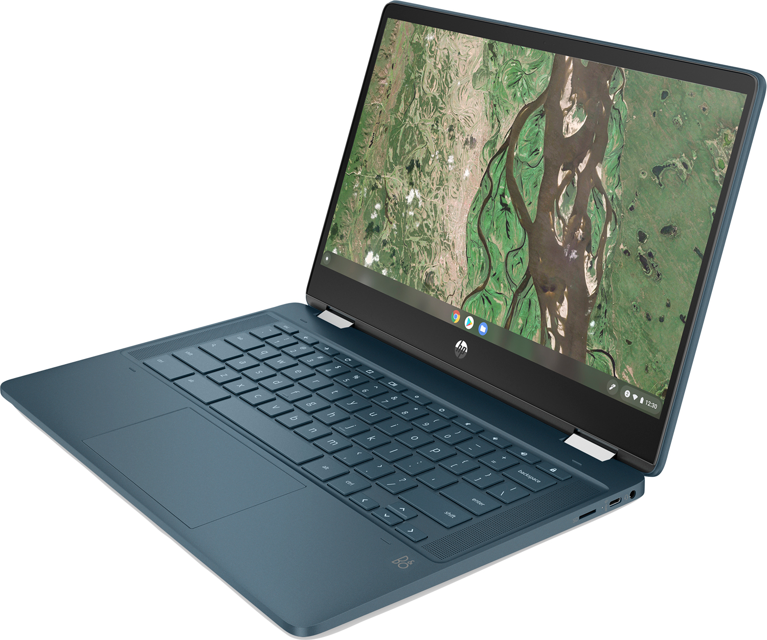 Un ordinateur portable HP Chromebook de couleur sarcelle est ouvert, affichant une carte. Le clavier est visible. Le fond est blanc.