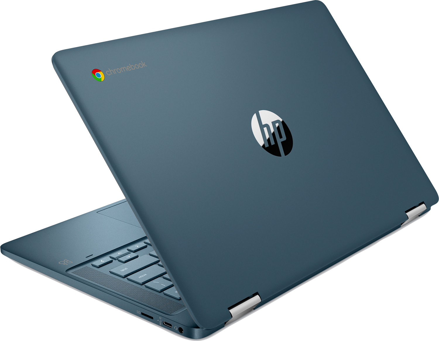 Un ordinateur portable HP Chromebook de couleur sarcelle est légèrement ouvert. Le dessus porte un logo HP et le bas montre le clavier.