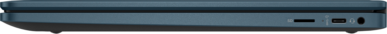 Vue latérale d'un ordinateur portable bleu. Ports visibles : SD, USB-C, prise casque. Le bas est noir.