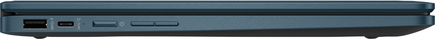 Vue latérale d'un ordinateur portable bleu. Les ports incluent USB, USB-C, bouton d'alimentation et contrôle du volume.