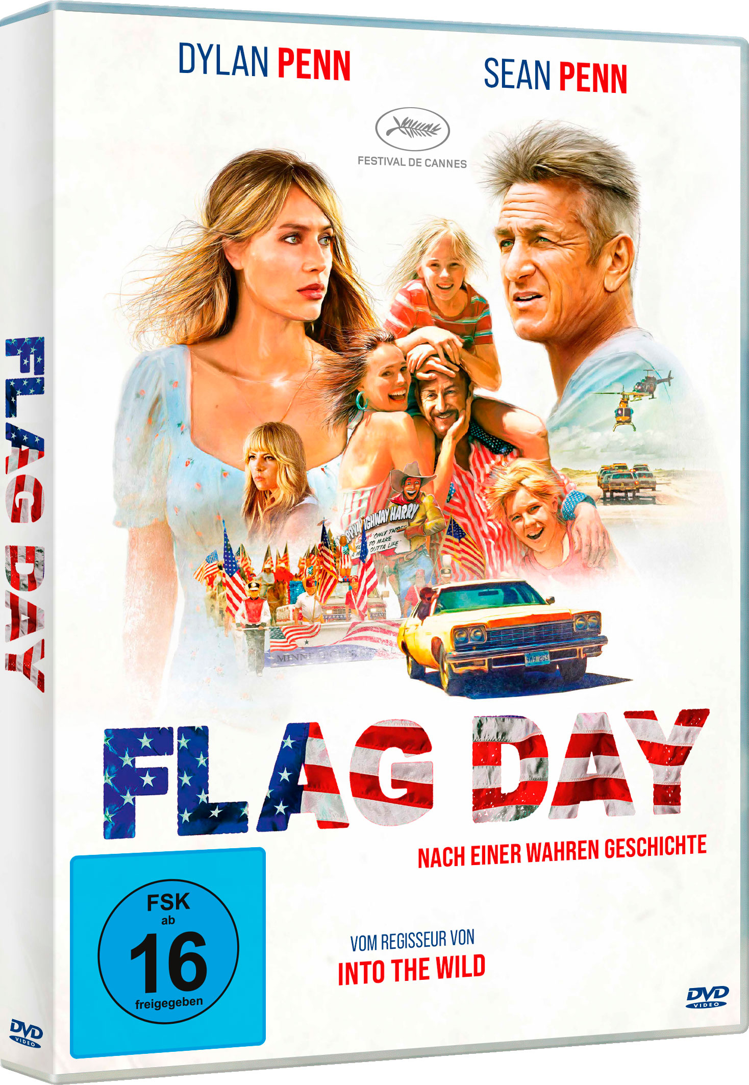 DVD-Hülle mit drei Personen mit Flaggen und einem Auto, mit Text darauf.