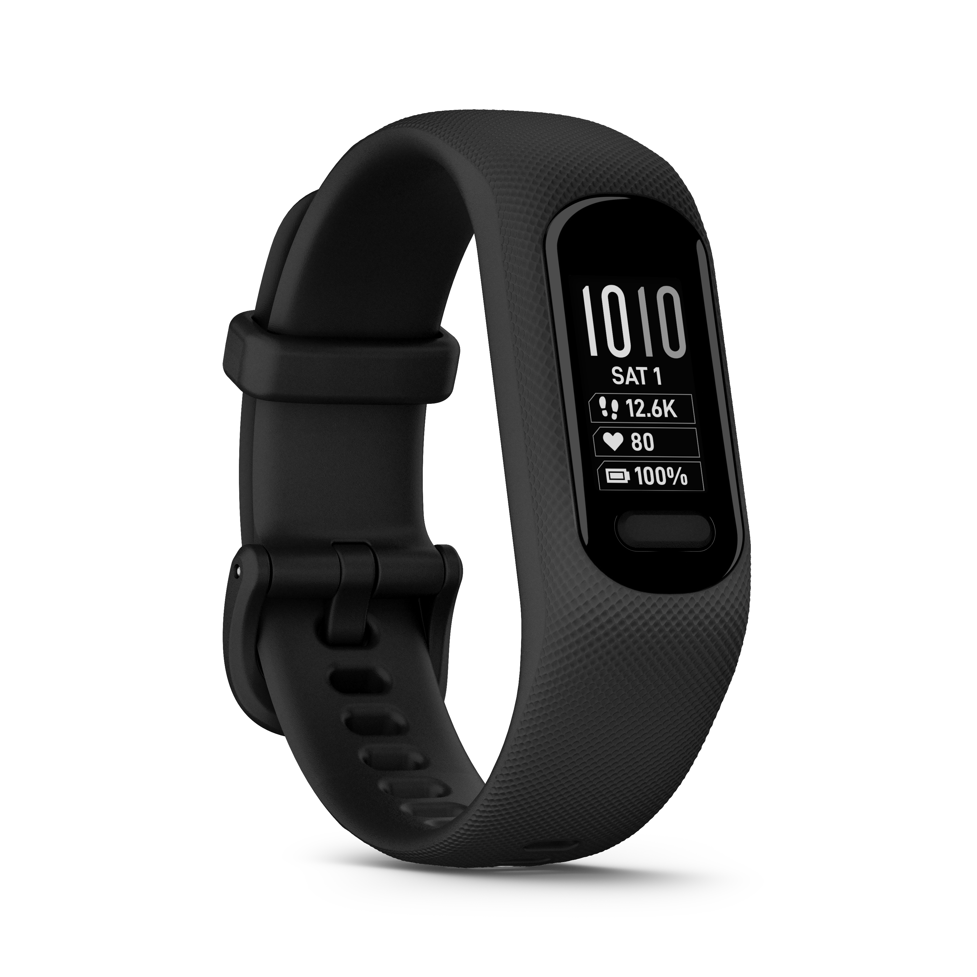 Schwarzer Fitnesstracker mit Anzeige von Uhrzeit, Schritten, Herzfrequenz und Akku.