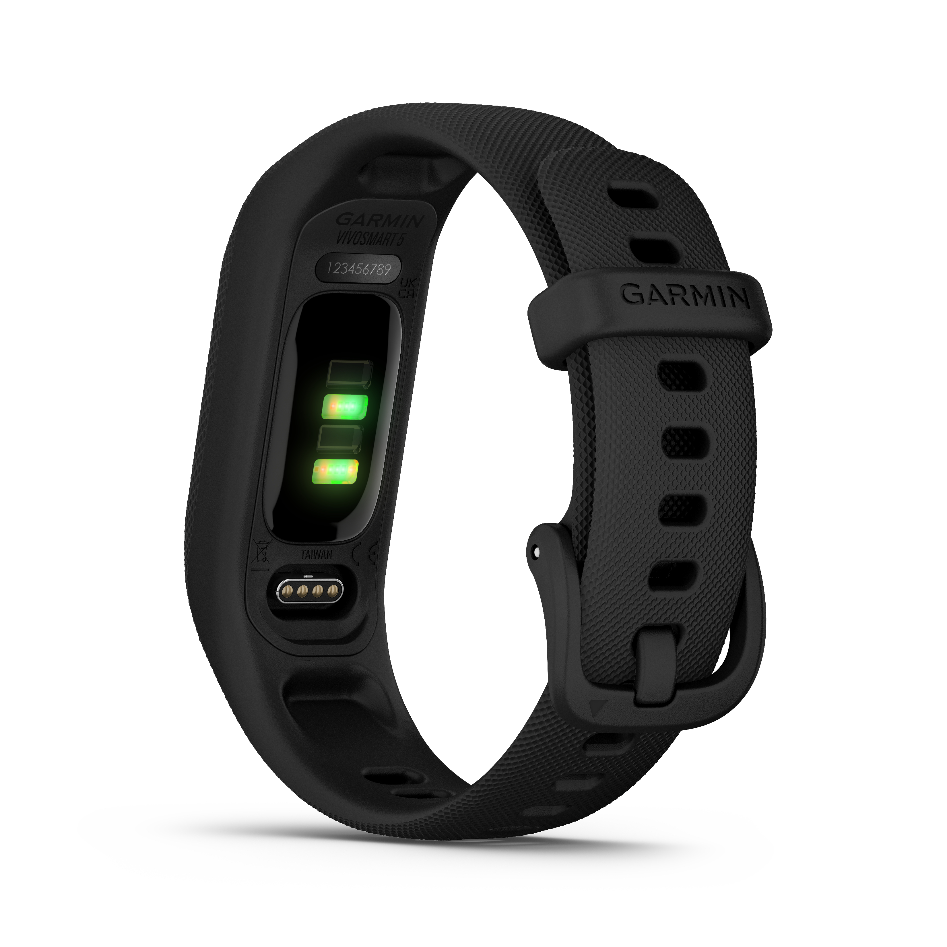 Schwarzer Garmin Vivomove 5 Fitnesstracker, Unterseite. Zeigt Sensoren und Ladepunkte.