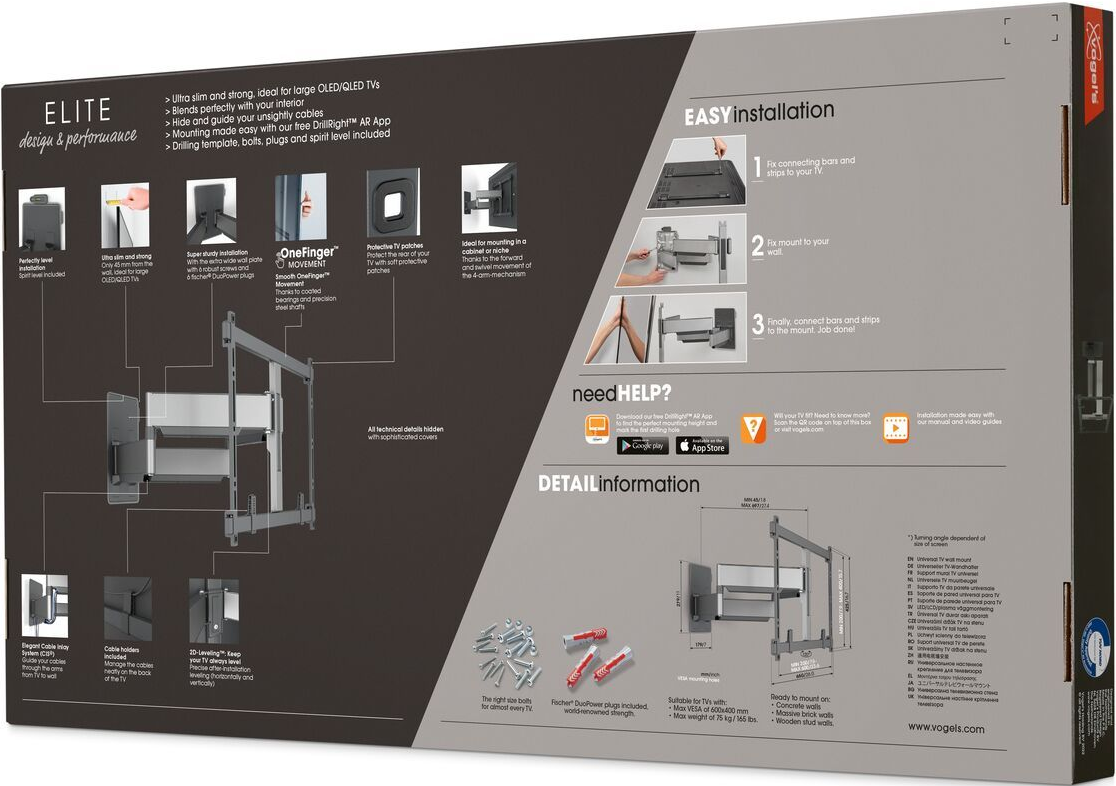Scatola per staffa a parete TV con istruzioni e diagrammi. Sfondo bianco.