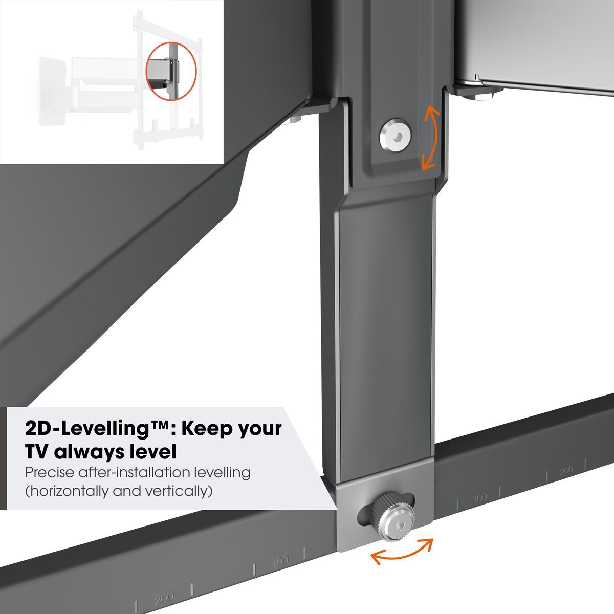 Primo piano di un supporto a parete per TV con regolazione del livellamento. Testo: 2D-Livellamento, mantieni la tua TV sempre in piano.
