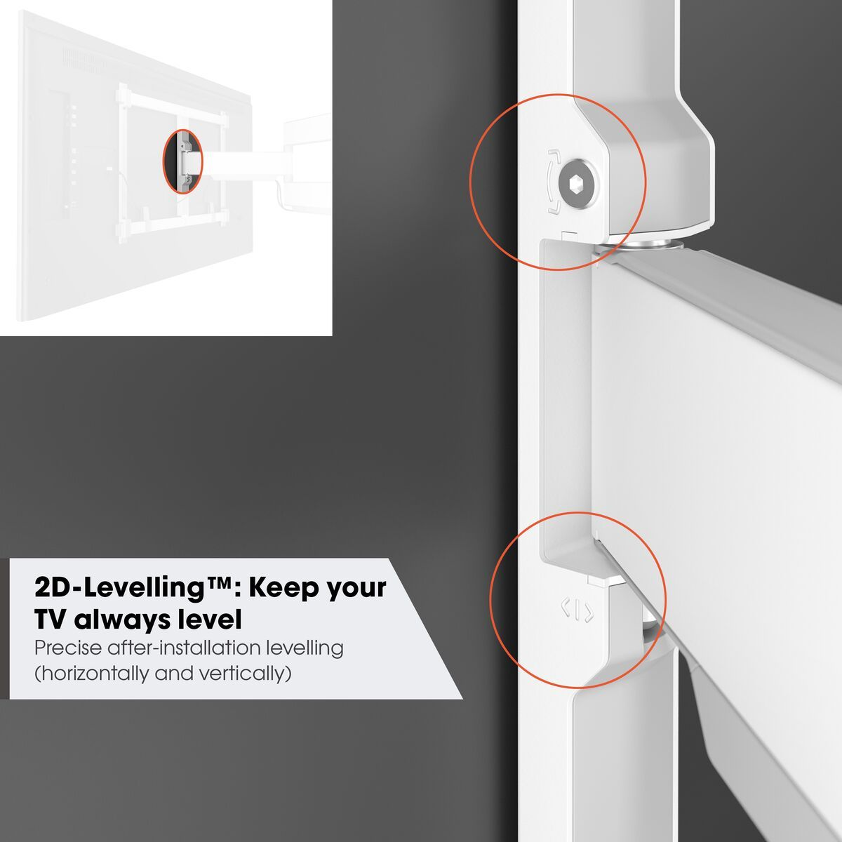 Nahaufnahme einer weißen TV-Wandhalterung mit rot umkreister Schraube und abgewinkeltem Niveausensor.