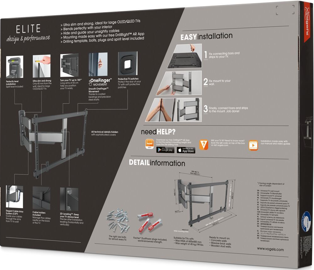 TV-Wandhalterungsbox mit Installationsschritten und Funktionen.