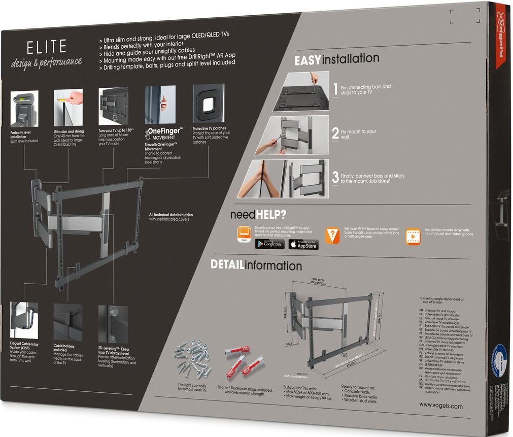 Rückseite der TV-Halterungsbox. Grafiken zeigen Installationsschritte und Funktionen, weißer Hintergrund.