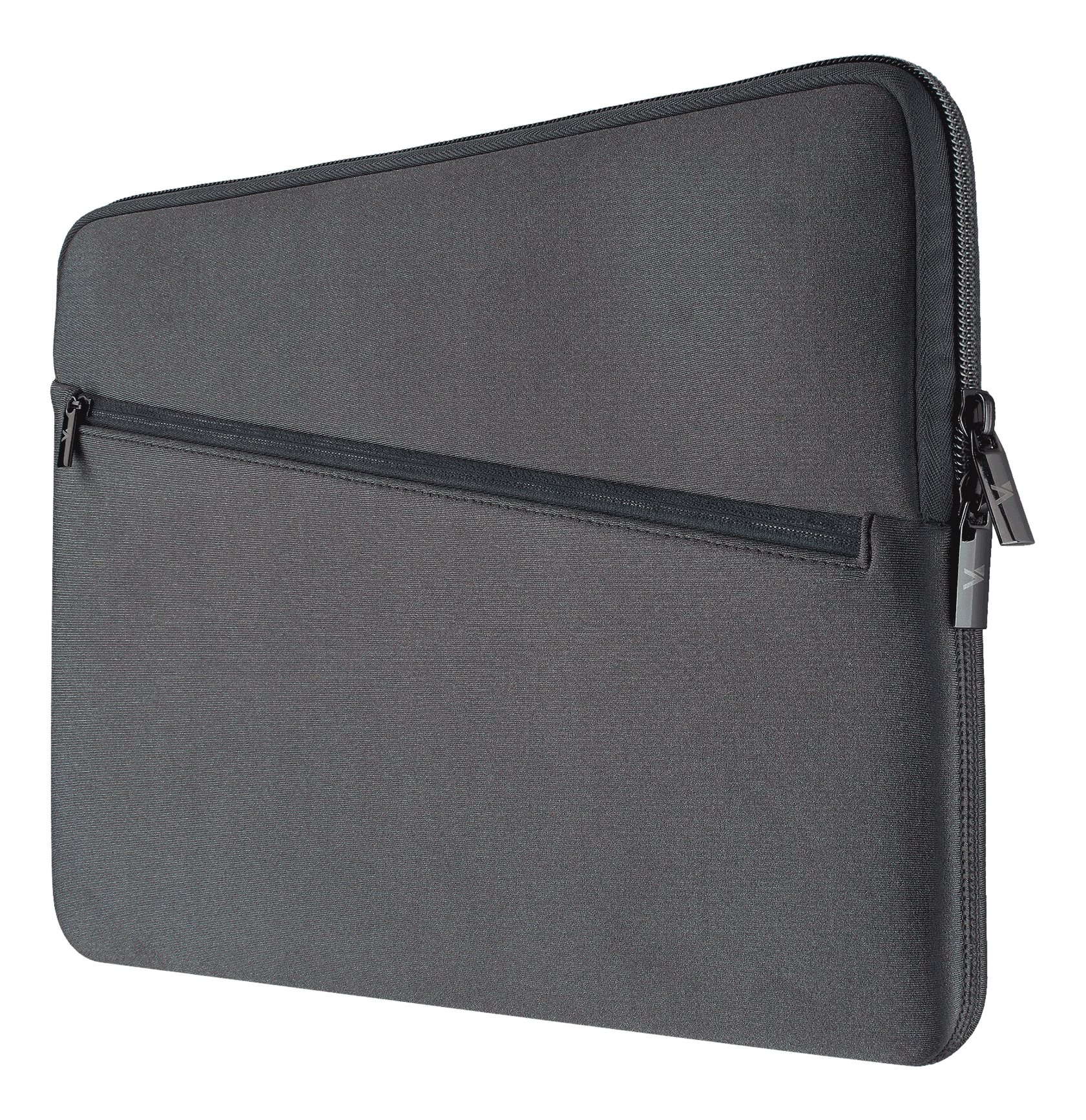 Eine graue Laptop-Hülle mit Reißverschluss und kleiner Außentasche.