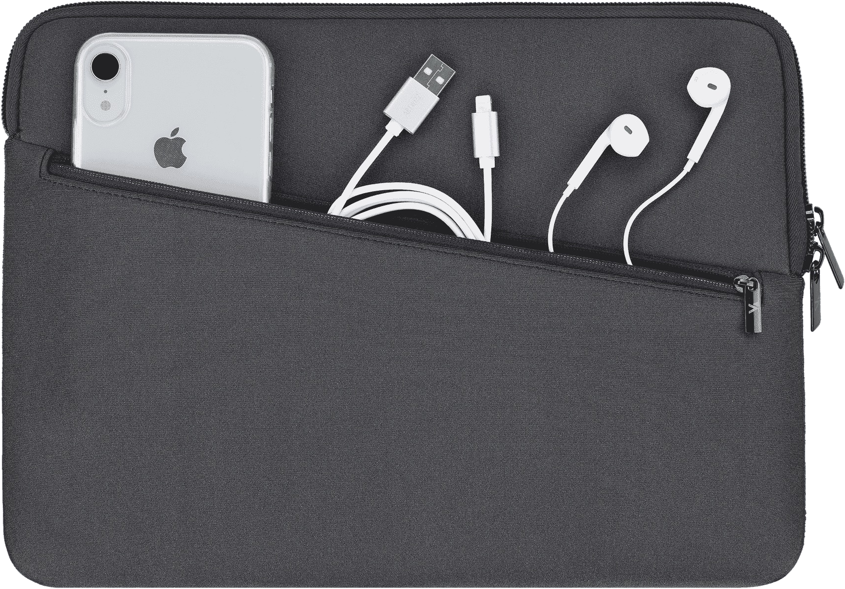 Schwarzes Telefon, Kabel und Kopfhörer in einer grauen Hülle.