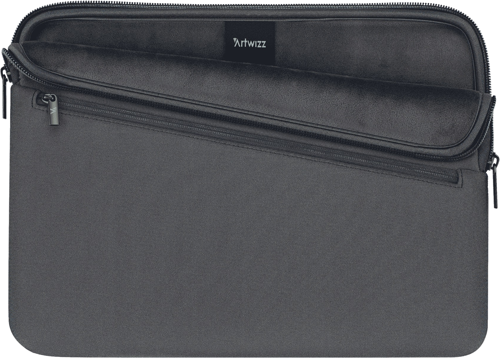 Graue Laptoptasche mit Reißverschluss. Die Innenseite ist ein weiches, dunkelgraues Material.