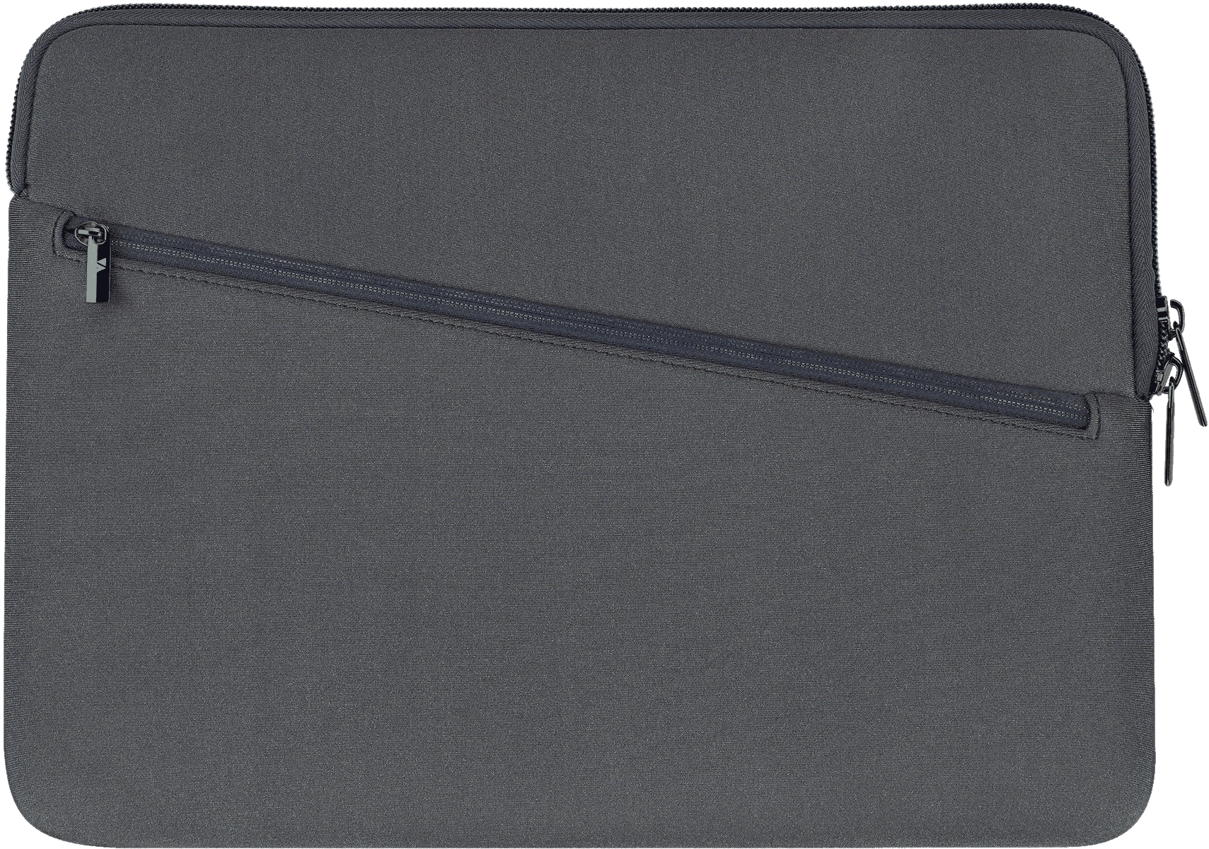 Eine dunkelgraue Laptoptasche mit diagonalem Reißverschluss. Die Tasche ist geschlossen. Der Hintergrund ist schlicht.