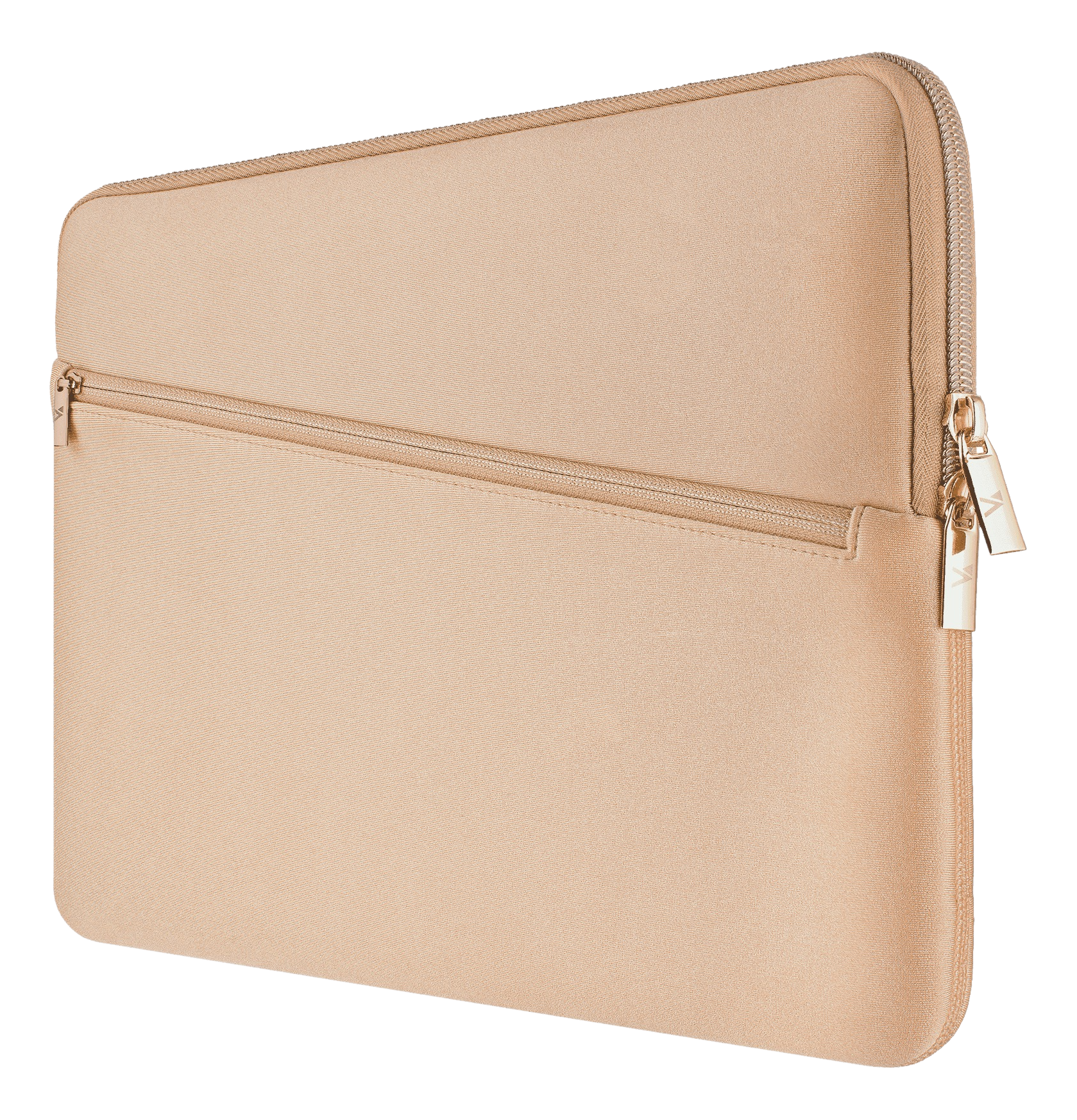 Beige Laptop-Hülle mit Reißverschluss. Kleine Vordertasche und goldfarbener Reißverschluss.