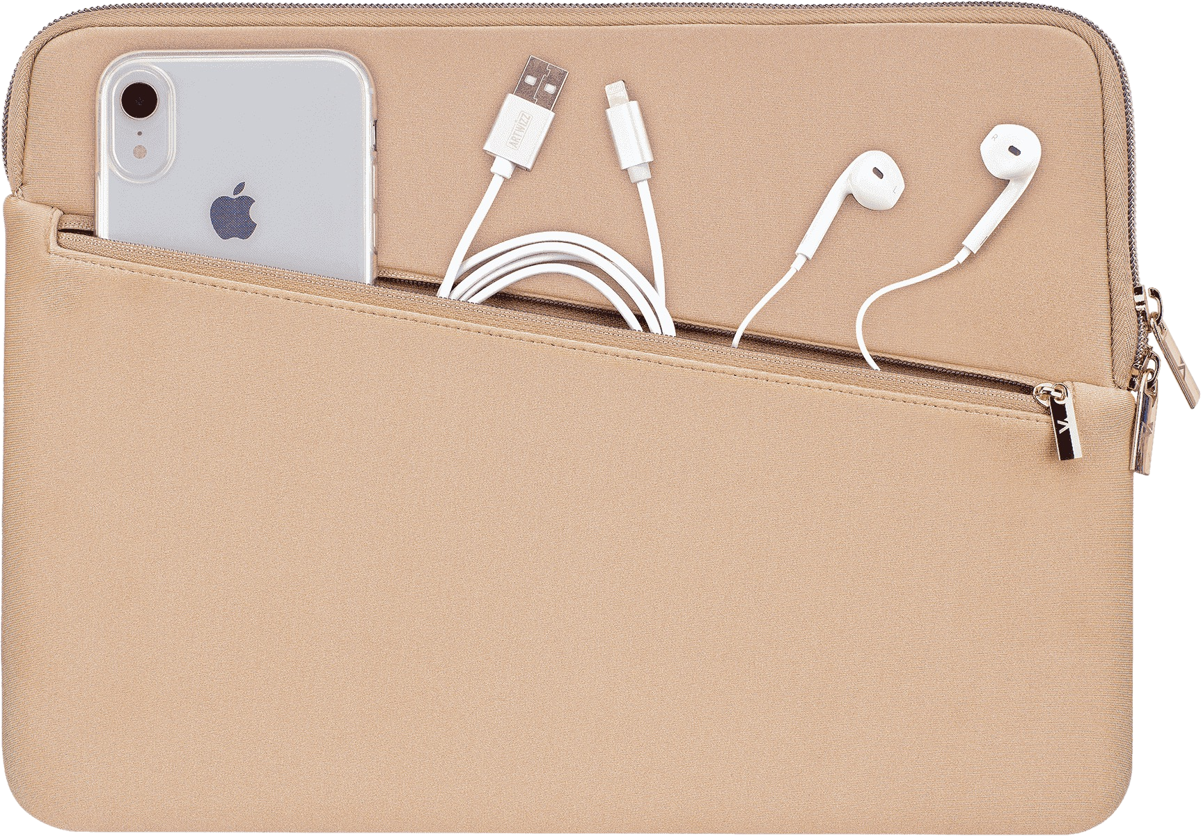Beige Laptop-Hülle, geöffnet, mit Telefon, Ladegerät und Kopfhörern innen.