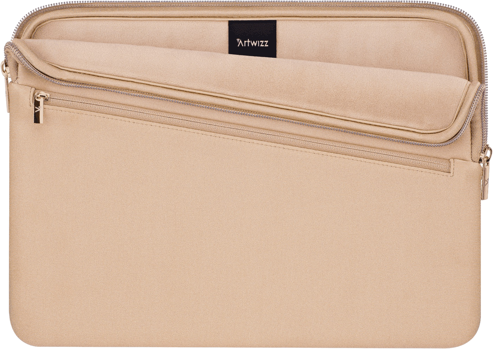 Beige Laptoptasche mit Reißverschluss und einem schwarzen Artwizz-Etikett.
