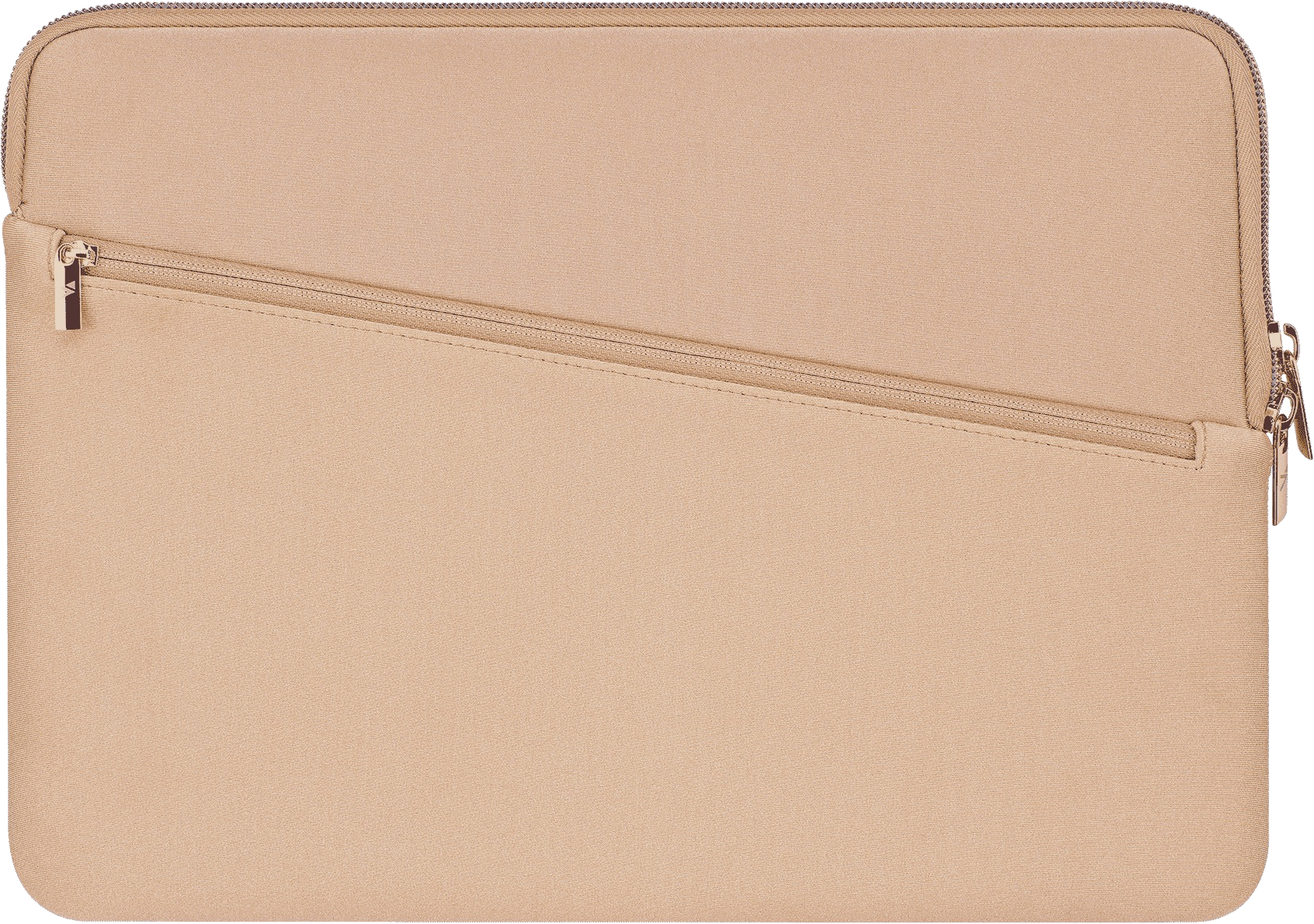 Beige Laptop-Hülle mit Reißverschluss. Schräge Ansicht, zeigt eine strukturierte, neutral getönte Außenseite.