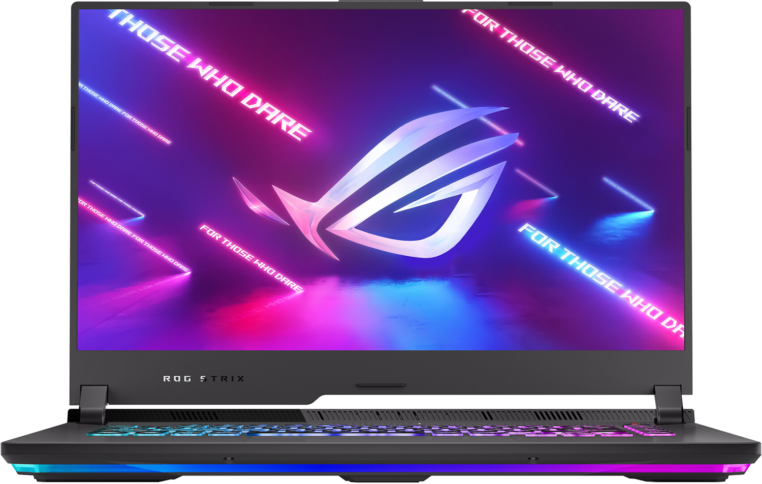 Zwarte laptop met verlicht scherm, ROG-logo en toetsenbordverlichting.