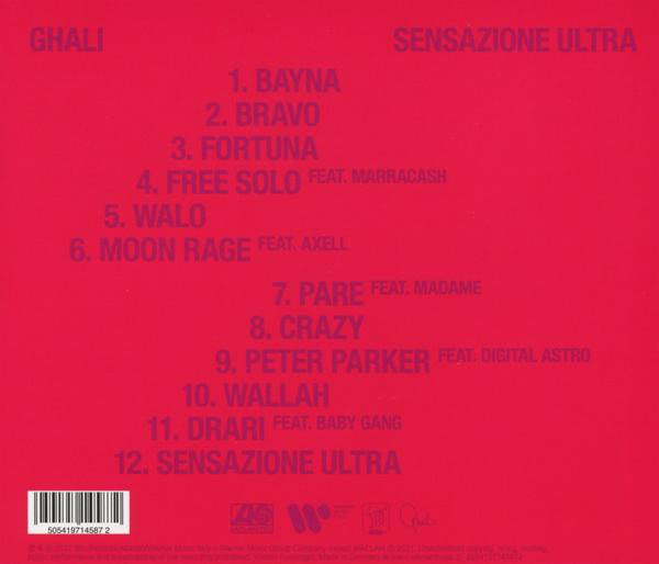 Die Rückseite eines Albums mit Trackliste auf rotem Hintergrund.