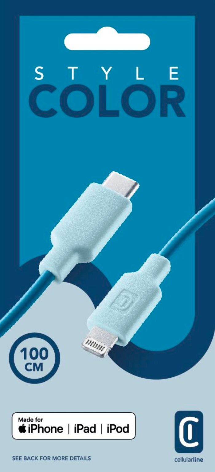 Blaues USB-C-zu-Lightning-Kabel, mit 'Style Color'-Branding auf der Verpackung.