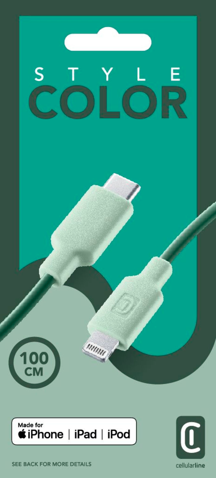 Un câble de chargement vert avec un connecteur USB-C et un connecteur Lightning, avec texte sur la compatibilité.