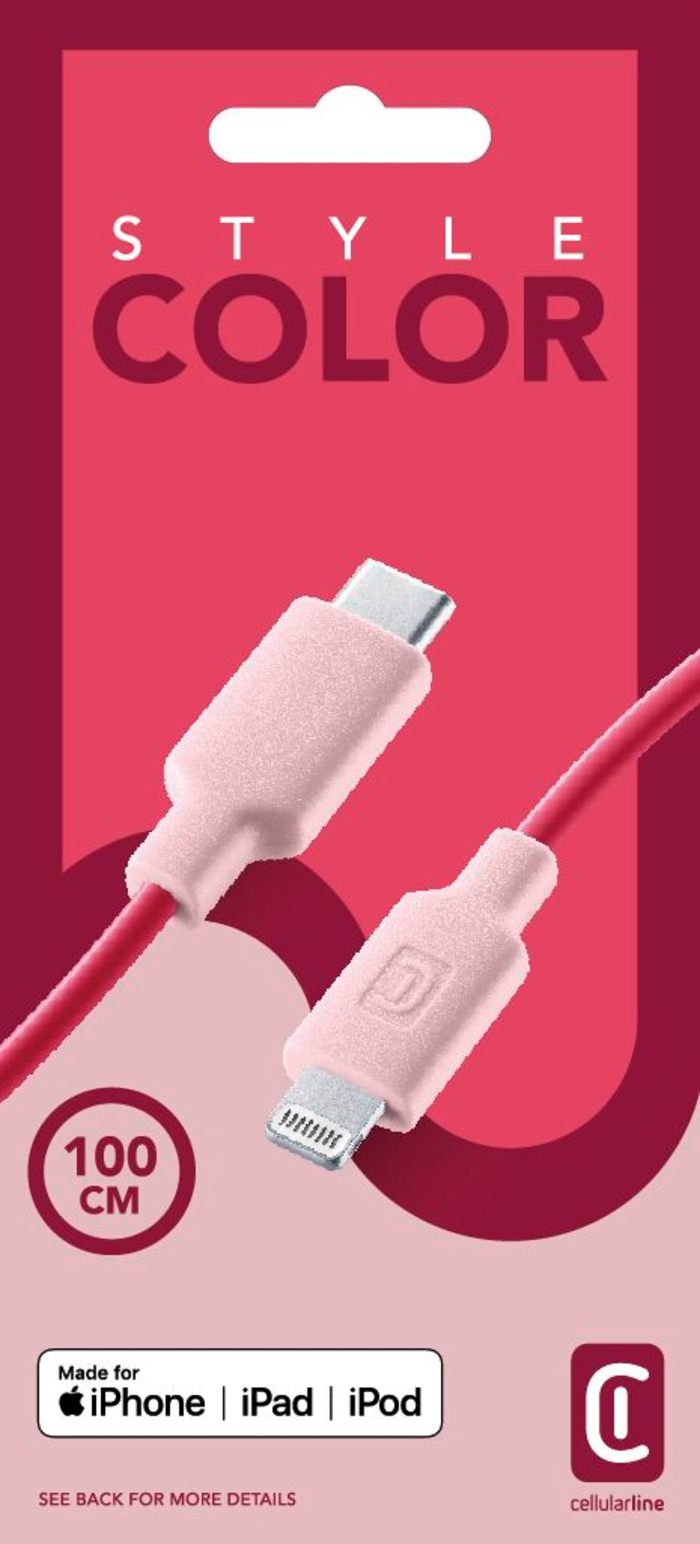 Un cavo di ricarica rosa per iPhone, iPad e iPod, su uno sfondo rosa chiaro e magenta.